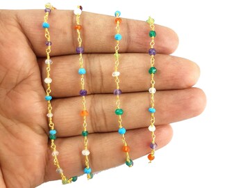 2 Feet Multi Stone Rosary Beaded Chain, Gold Plated Beads Chain, Wire Wrapped Rosary Chain