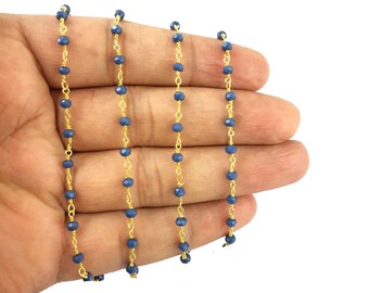 Cadena de cuentas de rosario de cuarzo de zafiro de 2 pies, cadena de cuentas chapadas en oro, cadena de rosario envuelta en alambre