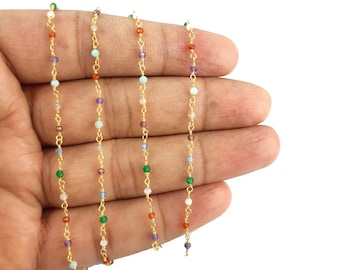 2 Feet Multi Stone Tiny Beads Rosary Beaded Chain, Gold Plated Beads Chain, Wire Wrapped Rosary Chain