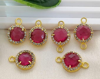 Ruby Quartz Connector Charm, Gold Plated CZ Pave Bezel Pendant , Round Faceted Gemstone Link, Jewelry Making Supplies