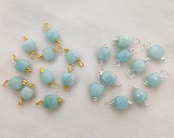 Natural Amazonite Cube Pendant, Faceted Amazonite Gemstone Charm, Sterling Silver Wire Wrap Charms, DIY Jewelry Making Supply