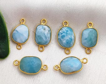 Blue Larimar Connector, Gold Bezel Link Connector, Faceted Larimar Charm, Double Loop Gemstone Connector, Jewelry Making Supply
