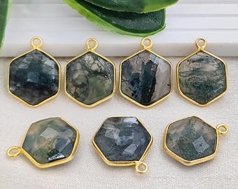 Faceted Moss Agate Hexagon Charm/Moss Agate Hexagon Pendant/Gold Plated Bezel Set Pendant/Gemstone Connector/Jewelry Findings/Sell Per Piece