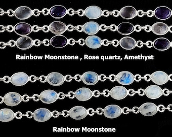 Gemstone Oval Shape 925 Sterling Silver Bezel Chain, 6x5mm Smooth Oval Gemstone Bezel Chain, Bezel Link Chain, Gemstone Silver Bezel Chain