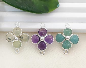 Gemstone Flower Connector Pendant, Sterling Silver Flower Link, Floral Jewelry Making Supply, DIY Necklace Charm