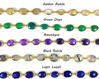 Gemstone Gold Plated Sterling Silver Bezel Set Chain - Gemstone Chain - Gemstone Bezel Link Chain - Stone Connector Chain - Stone Chain