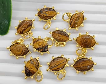 Tiger Eye Evil Eye Pendant Charms, Gold Bezel Carved Gemstone Pendants, Marquise Carving Charm, Jewelry Making Findings