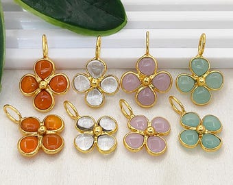 Four Leaf Clover Pendant, Gemstone Floral Charms Pendants, 1 Micron Gold Bezel, DIY Necklace Earrings Components, Jewelry Making Supplies
