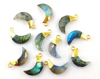 Labradorite Electroplated Crescent Moon Pendant - Crescent Pendants - Gemstone Moon Pendants - Carved Crescent Charms - Half Moon Pendant