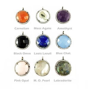Gemstone Pave Set Pendant, 17mm Round Shape Oxidized Plated 925 Sterling Silver Bezel Peace Pendant, Pave Cz Set Pendants, Cz Charms