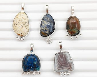 Natural Gemstone Pendant, Mixed Stone Cabochon Charm, Handmade Collet Set Pendants, For Jewelry Making