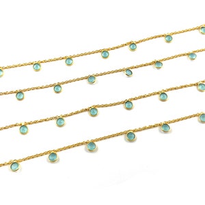 Beautiful Aqua Chalcedony 4mm Bezel Chain, Aqua Chalcedony Rose Cut Tiny Gold Plated Round Bezel Connector Chain, Bracelet & Jewelry Making