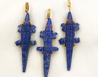 Lapis Lazuli Crocodile Pendant, Hand Carved Gemstone Alligator Charm, Gold Plated Prong Set Charm, Jewelry Pendants