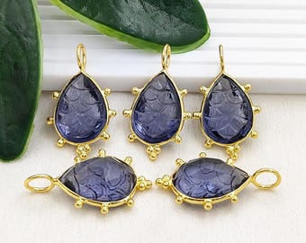 Iolite Quartz Floral Carved Teardrop Pendant, Gold Plated Gemstone Pendant, Handmade Jewelry Component, DIY Earrings