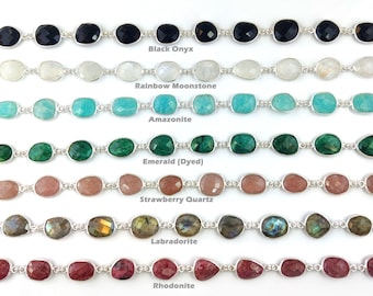 Gemstone 925 Sterling Silver Bezel Chain, Gemstone Chain, Gemstone Bezel Link Chain, Stone Connectors Chain, Gemstones Link Connectors Chain