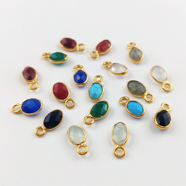 Gemstone 1 Micron Plated Oval Shape Charm, 6x4mm Oval Shape Gemstone Micron Gold Plated Bezel Pendant Charms, Tiny Charms, Pendants For Gift