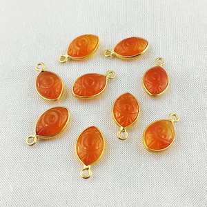 Carnelian Pendant, Evil Eye Carved Carnelian Bezel Pendant, Gemstone Evil Eye Carved Marquise Shape Gold Plated Sterling Silver Bezel Charms