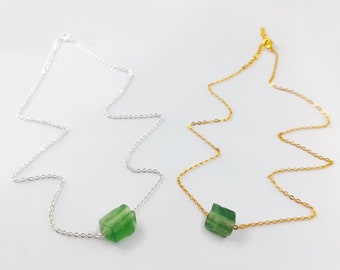 Green Fluorite Necklace, Raw Fluorite Necklace, Drilled Raw Fluorite Necklace, 22k Gold Plated Crystal Drilled Necklaces, Gemstone Necklaces