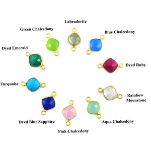 Gemstone Gold Plated Cushion 8mm Bezel Connector - Gemstone Connectors - Bezel Set Stone Connector Charms - Gemstone Double Link Charm