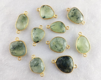 Prehnite Gold Plated Free Form 14mm -16mm Bezel Set Connectors - Prehnite Bezel Connector Charms - Gemstone Connectors for Bracelet