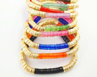 Heishi Beads Bracelet, Heishi Bracelet, Gold Plated Heishi Bead Bracelet, Stretchable Bracelets, Stacking Bracelet