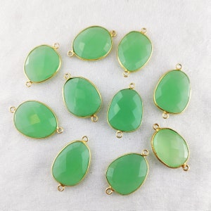 Green Chalcedony Gold Plated Free Form 16mm -18mm Bezel Set Connectors - Chalcedony Bezel Connector Charm - Gemstone Connectors for Bracelet