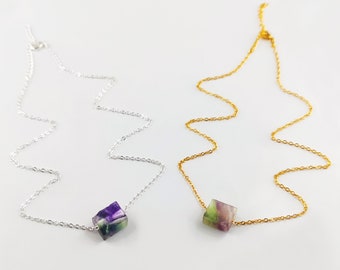 Rough Rainbow Fluorite Necklace, Fluorite Necklace,  Fluorite Pendant Necklaces, Gold Plated Necklaces, Gemstones Crystal Necklaces