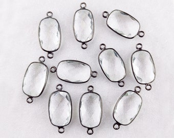 Crystal Clear Quartz Oxidized Plated Oval Shape Faceted Cut 15x10mm Bezel Set Connector, Crystal Connector, Gemstone Connectors for Bracelet