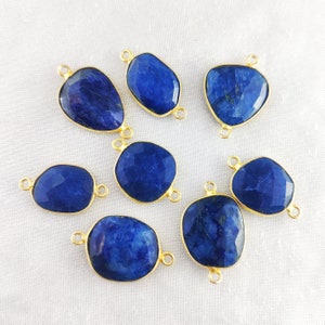 Dyed Blue Sapphire Gold Plated Free Form 14mm -16mm Bezel Set Connectors - Sapphire Bezel Connector Charm - Gemstone Connectors for Bracelet