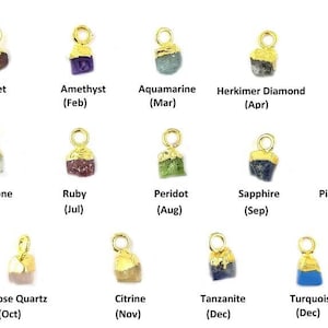Puede incluir: Doce abalorios chapados en oro, cada uno con una gema diferente, que representan las piedras de nacimiento de cada mes del año. Los abalorios están dispuestos en tres filas de cuatro, con el nombre del mes y la gema debajo de cada abalorio.