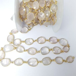 Rose Quartz Gold Plated Gemstone Bezel Connector Chain -Chain by the Foot