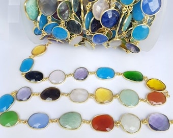 Multi Color Stone Gold Plated Gemstone Bezel Connector Chain, Gemstone Freeform Gold Plated Bezel Connector Link Chain Chain Selling by Foot