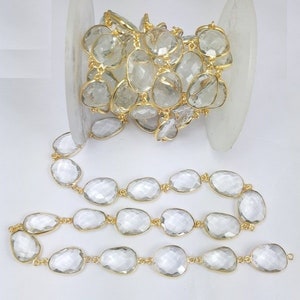 Clear Quartz Gold Plated Gemstone Bezel Connector Chain -Chain by the Foot
