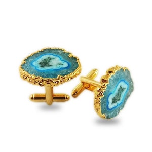 Aqua Blue Solar Quartz Gold Electroplated Cuff Links - Solar Quartz Cuff Links - Gold Cuff Links