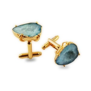 Aqua Blue Geode Druzy Gold Electroplated Cuff Links - Druzy Cuff Links - Gold Cuff Links