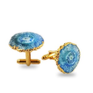 Blue Solar Quartz Gold Electroplated Cuff Links - Solar Quartz Cuff Links - Gold Cuff Links