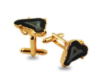 Black Geode Druzy Gold Electroplated Cuff Links - Druzy Cuff Links - Gold Cuff Links