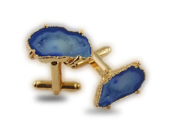 Blue Geode Druzy Gold Electroplated Cuff Links - Druzy Cuff Links - Gold Cuff Links