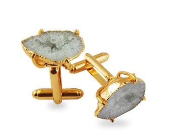 White Geode Druzy Gold Electroplated Cuff Links - Druzy Cuff Links - Gold Cuff Links