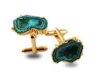 Green Geode Druzy Gold Electroplated Cuff Links - Druzy Cuff Links - Gold Cuff Links