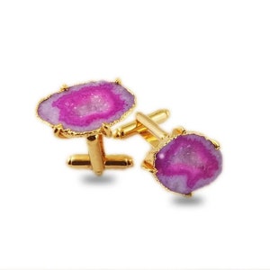 Pink Geode Druzy Gold Electroplated Cuff Links - Druzy Cuff Links - Gold Cuff Links