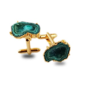 Green Geode Druzy Gold Electroplated Cuff Links - Druzy Cuff Links - Gold Cuff Links