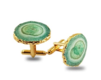 Green Solar Quartz Gold Electroplated Cuff Links - Solar Quartz Cuff Links - Gold Cuff Links