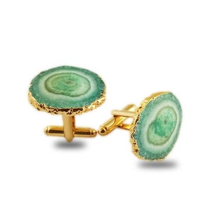 Green Solar Quartz Gold Electroplated Cuff Links - Solar Quartz Cuff Links - Gold Cuff Links