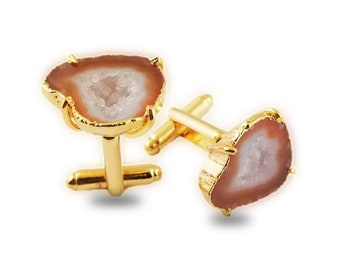 Peach Geode Druzy Gold Electroplated Cuff Links - Druzy Cuff Links - Gold Cuff Links