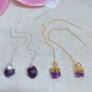 Amethyst Raw Birthstone Threader Earrings, Dainty Ear Thread Earrings, Rough Birthstone Earrings, Ear Threads