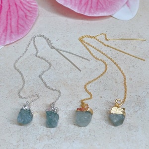 Aquamarine Raw Birthstone Threader Earrings, Dainty Ear Thread Earrings, Rough Birthstone Earrings, Ear Threads