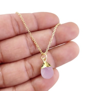 Pink Chalcedony Teardrop Electroplated Pendant Necklace - Pink Chalcedony Necklace - Gemstone Necklace