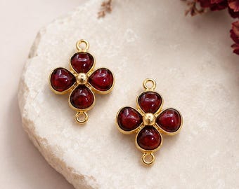 Natural Garnet Clover Pendant, Sterling Silver Gold Bezel Floral Connector, Handmade Jewelry Making Supplies