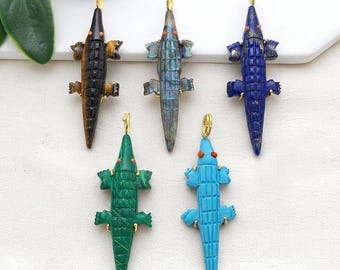 Hand Carved Gemstone Crocodile Pendant, Gold Plated Prong Animal Charm, Gemstone Alligator Pendants, Statement Jewelry